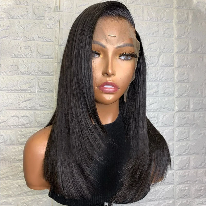 

Side Part Lace Front Synthetic Hair Wigs Medium Length Straight Black Color Natural Hairline For Black Women With Baby Hair