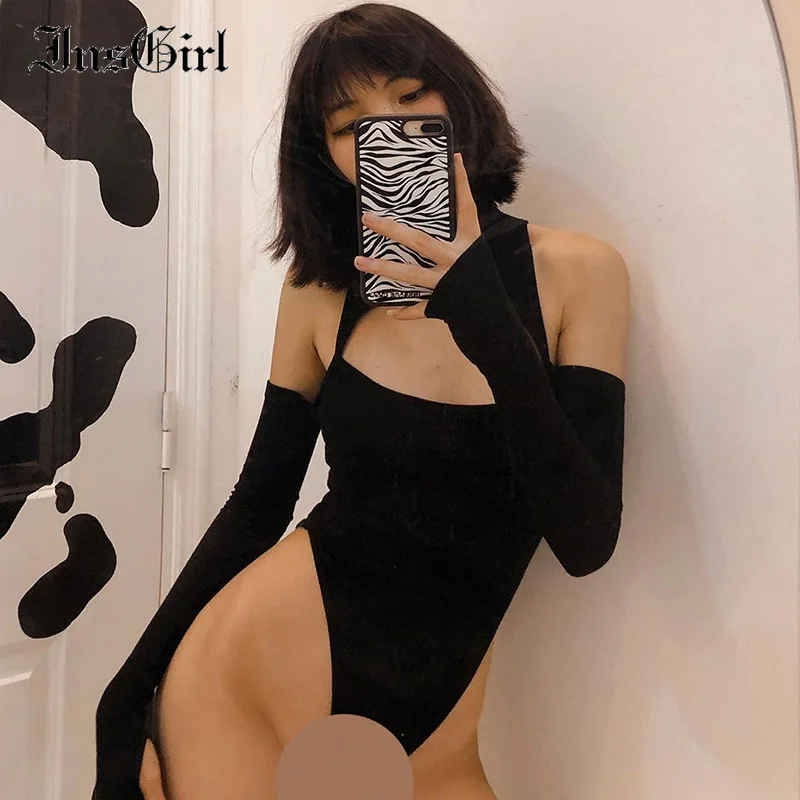

Комбинезон InsGirl с вырезами, пикантная уличная одежда с длинным рукавом, облегающий темно-черный боди в стиле Харадзюку, модный ночной клуб