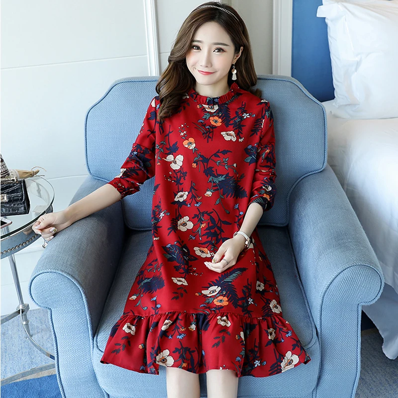 платья с длинным рукавом и цветочным принтом тонкие женские 2018 модное