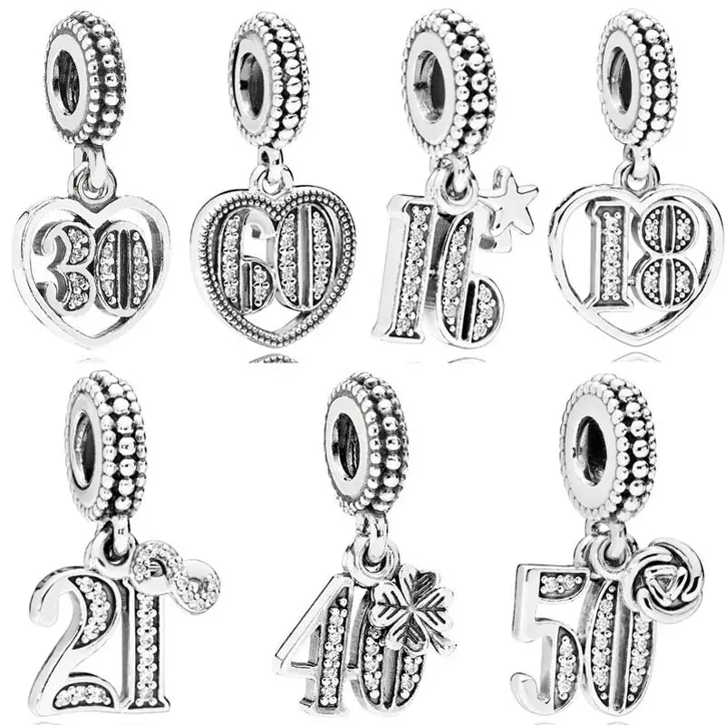 

Original 925 Sterling Silver Charm Celebrate Alphabet & Numbers 40 years Pendant Bead With Crystal Fit Pandora Bracelet Jewelry