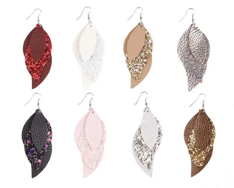 

ZWPON Fashion Multilayer Glitter Leaf PU Leather Drop Earrings Colorful Glitter Vegan Leather Brand Statement Earrings for Woman