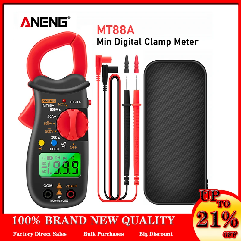 

ANENG MT88A Clamp Meter Multimeter LCD Backlight Digital Voltmeter 1999 Counts DC/AC Voltage Current Tester NCV Test