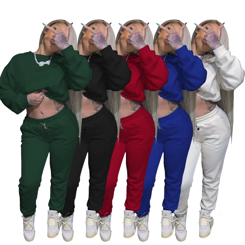 

Two-piece women's O-neck long-sleeved short hoodie and overalls sweatpants sports fashion casual sportswear suit