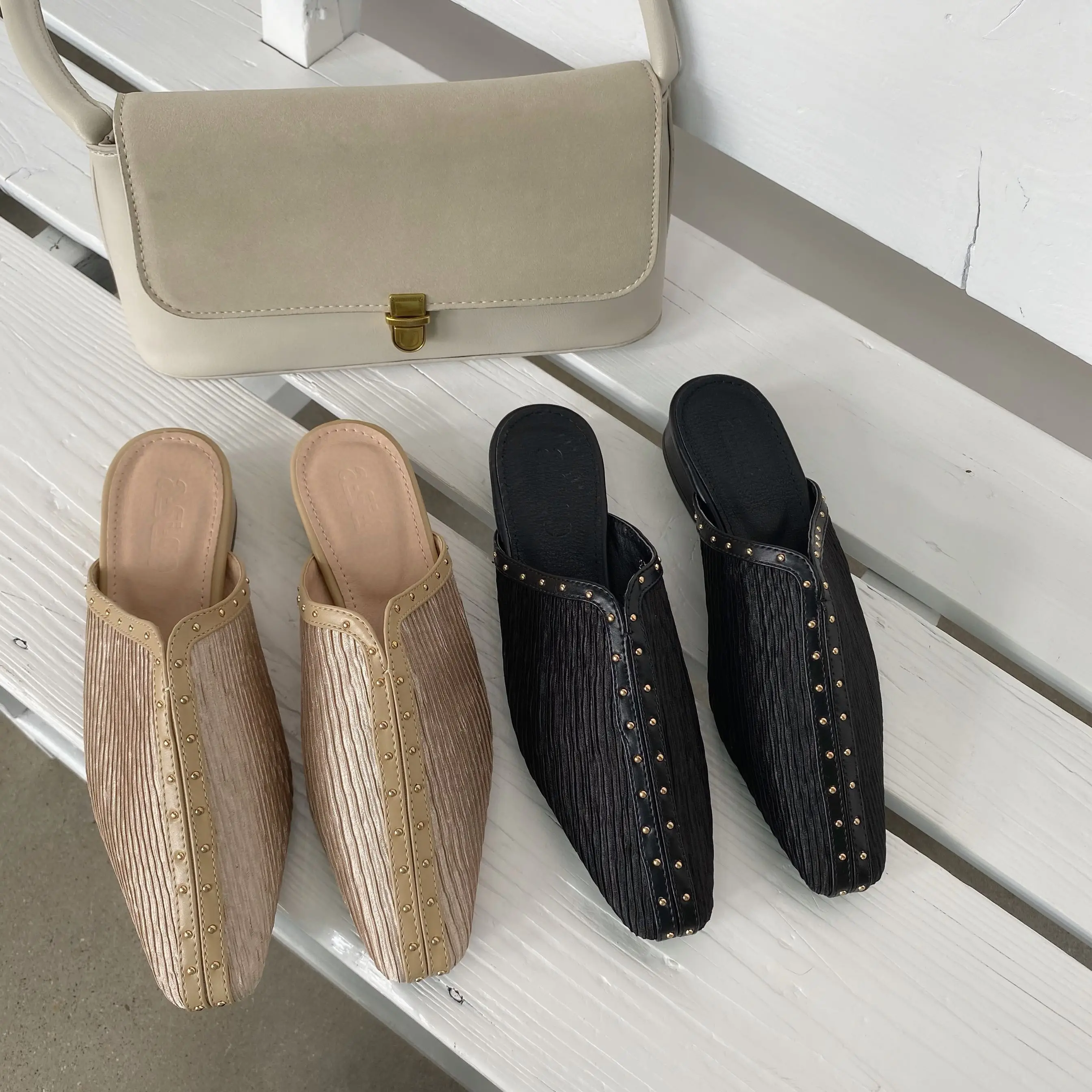 Boussac/Винтажные плиссированные женские туфли без задника с квадратным носком и