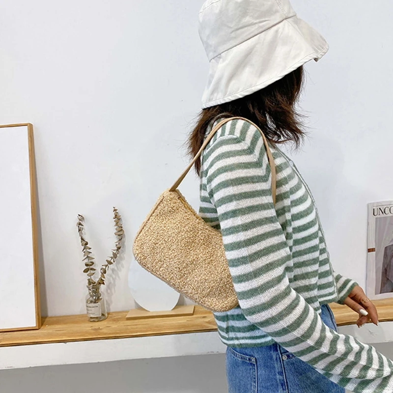 

Women Lamb Like Fabrics Armpit Bag Handbag Shoulder Bags for Autumn Winter L9BE