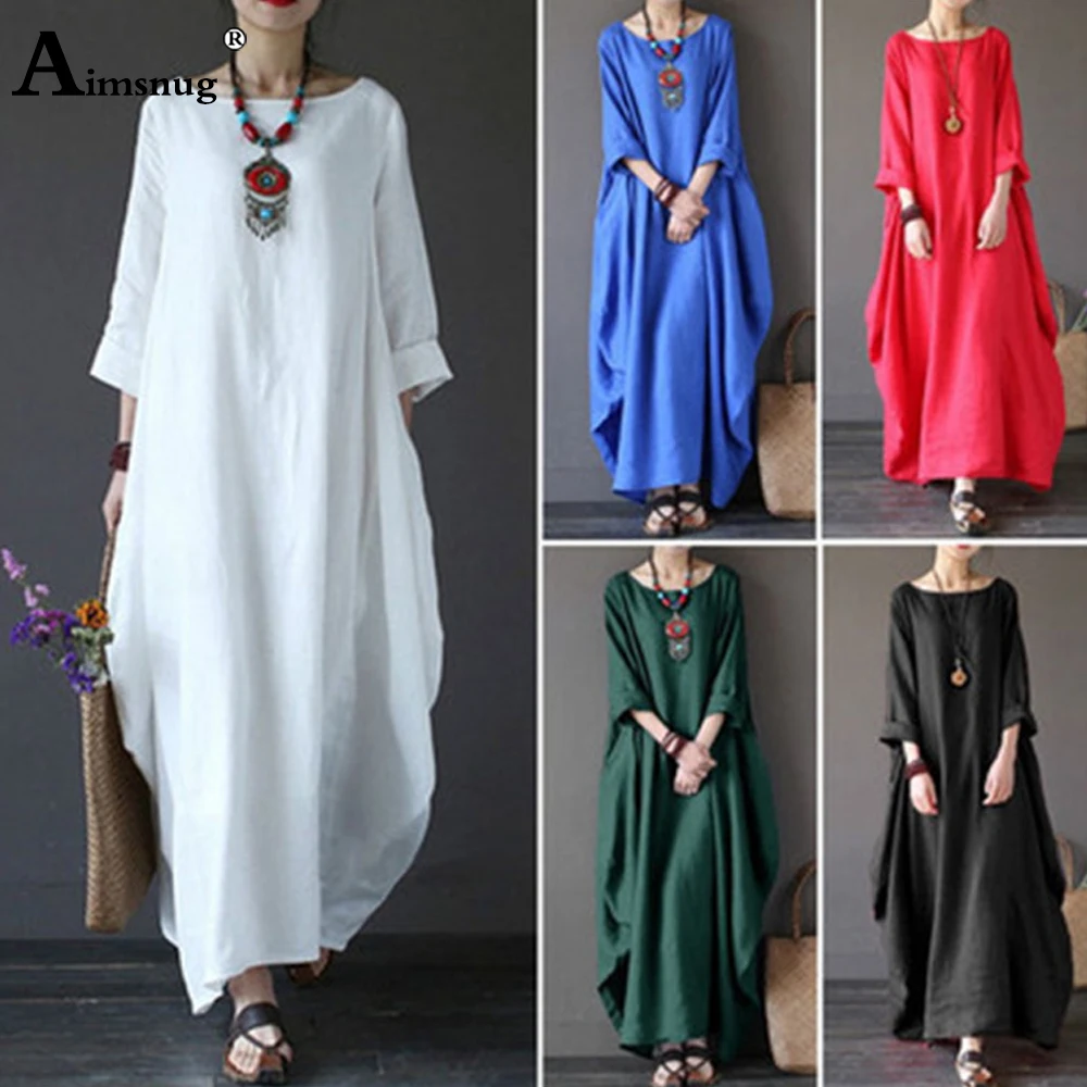 

Vintage 2021 New Summer Long Maxi Dress Round Neck White Black Elegant Linen Dresses Plus size 4XL 5XL Femme Casual Loose Dress
