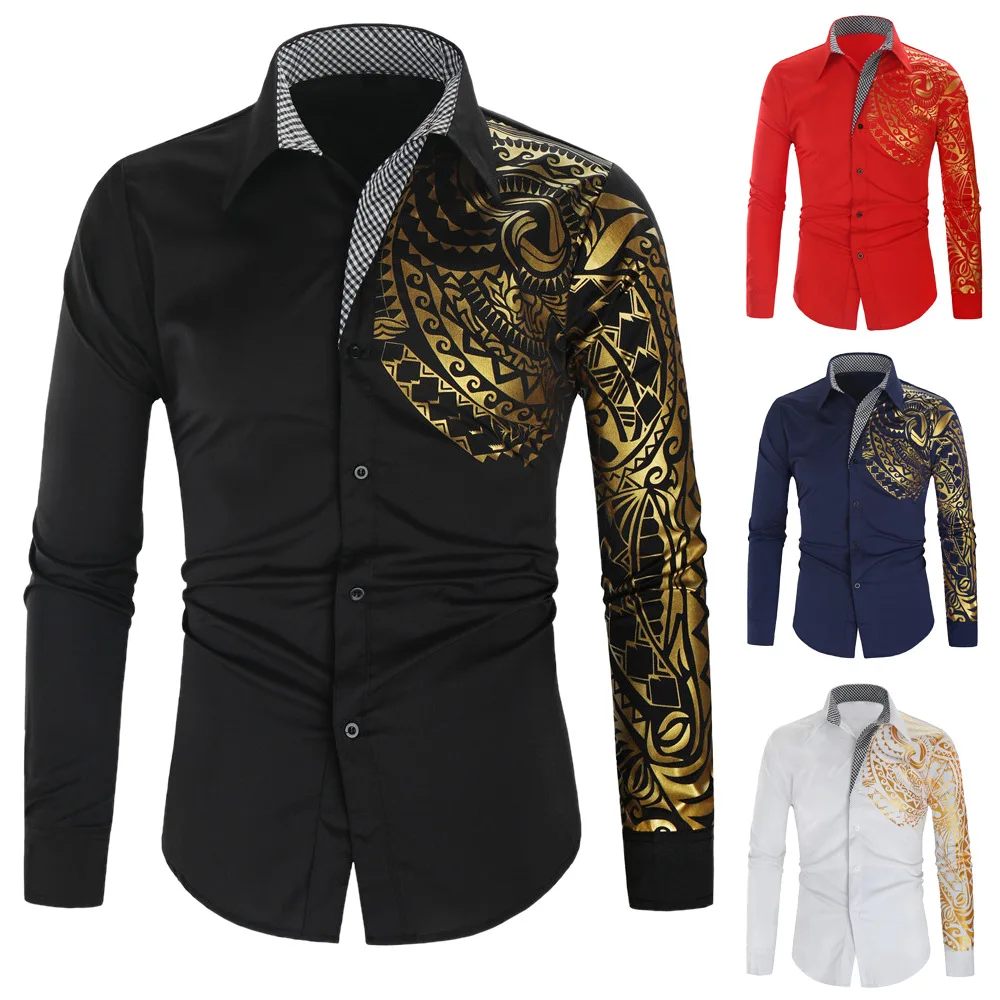 

2021 large size shirt men, ethnic dragon-print hot gold-rimmed long-sleeved shirt men, loose tops, men's shirts