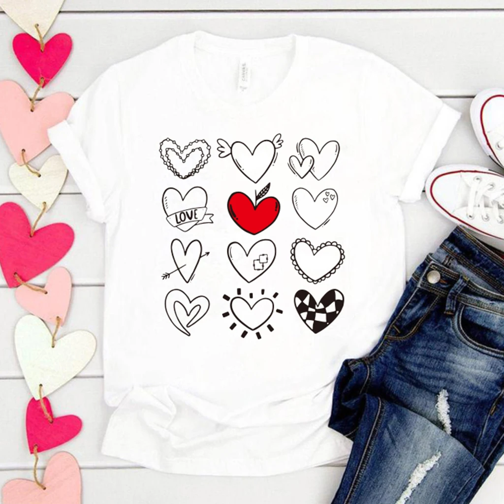 

Love Heart Printed Women Tshirts Short Sleeve Loose White Sweet Couple T-Shirt Femme Woman Valentines Tee Shirt for Girls Gift
