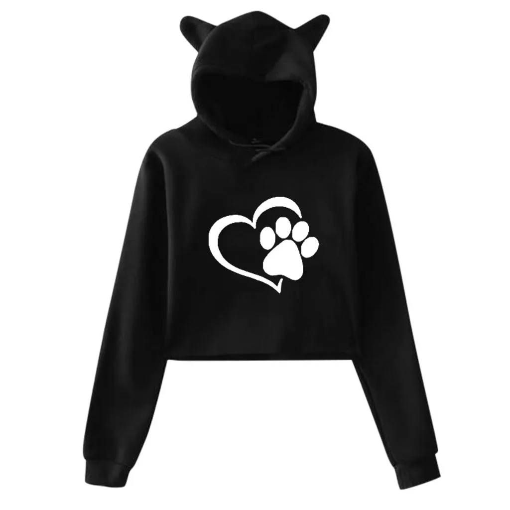 Милые свитшоты с кошачьими ушками женские короткие толстовки sudadera осенние женские пушистые шляпы с капюшоном пуловер Черный Белый kpop