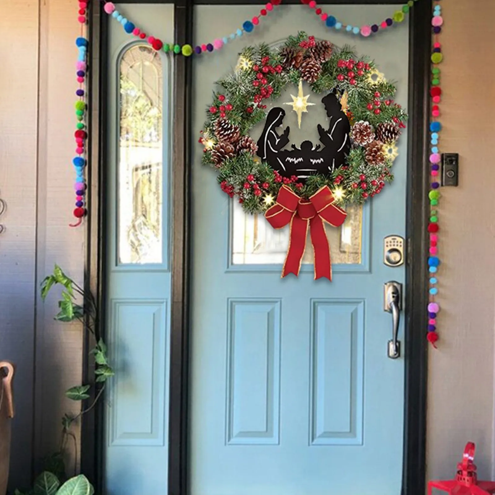 

Lighted Nativity Scene Christmas Wreath, Sparkles Joseph Mary Jesus Wreath For Front Door Outdoor Indoor Wall Window Door Hanger