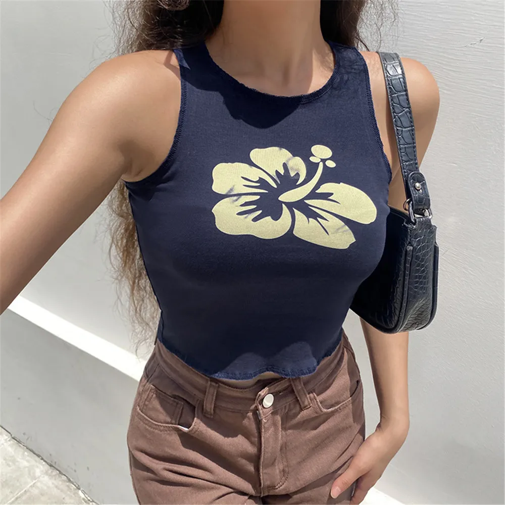 

Floral Tank Tops y2k Aesthetic Crop Top Vintage Streetwear Vest Sleeveless O Neck Cropped Tee Women Harajuku Summer Clothes 2021