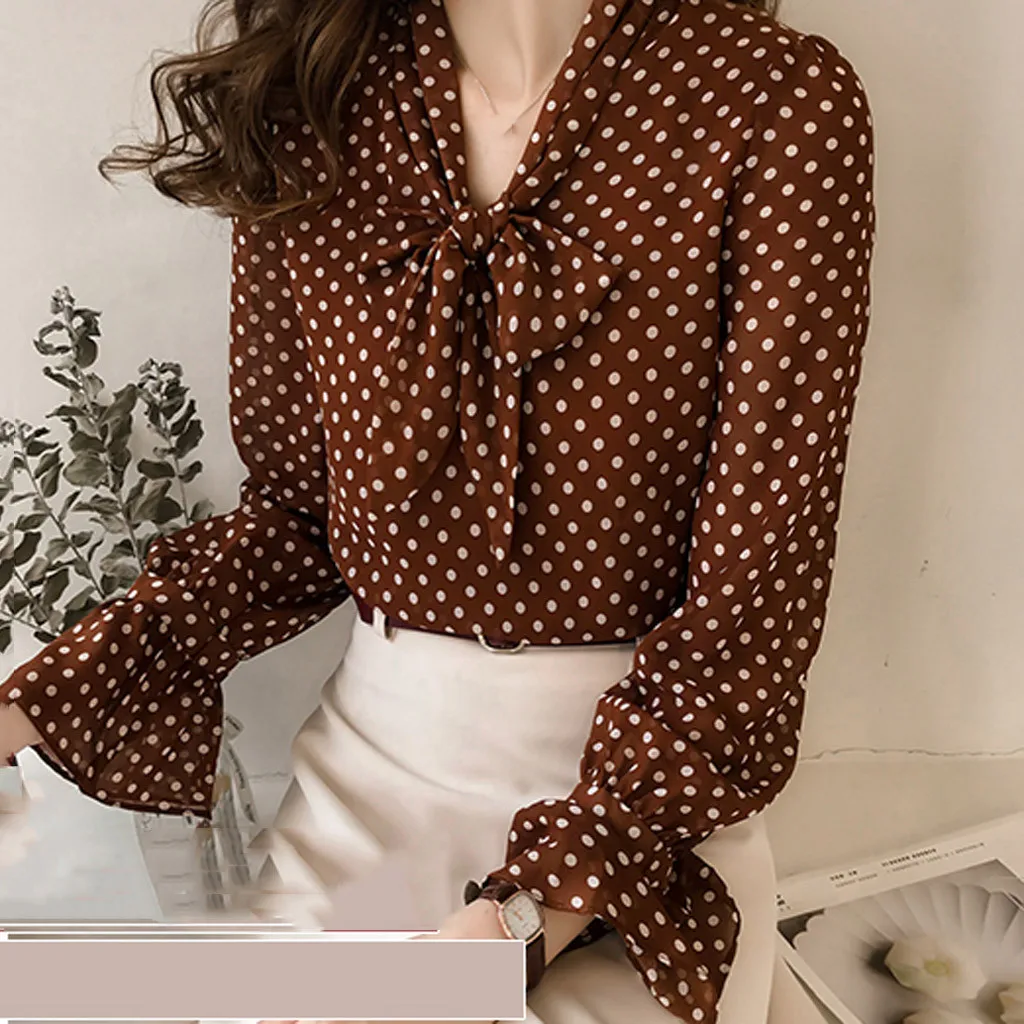 Женская винтажная рубашка с бантом шифоновая Повседневная Блузка в горошек