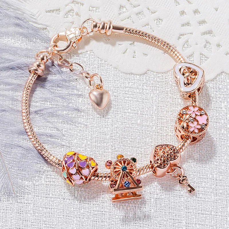 

2022 Rose Gold Rainbow Peach Heart Bead Ferris Wheel Fashion Gift Love Bead Key Pendant DIY Pan Bracelet February 14th Gift