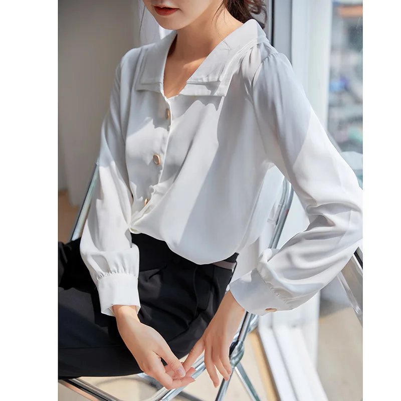 

Рубашка женская шифоновая прямая, офисная блуза с длинным рукавом, однотонная, молочно-белая, в винтажном Корейском французском стиле