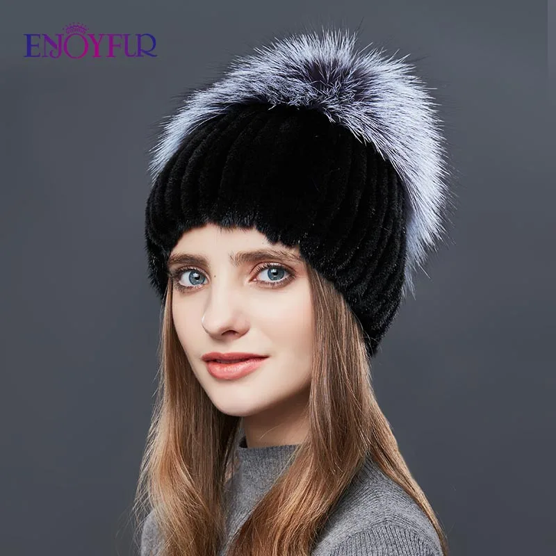 Женские шапки ENJOYFUR зимние теплые Вязаные норковые с лисьим мехом|Женские Skullies и