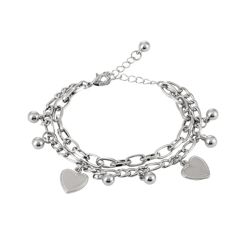 

2021 Trendy Double Layered Linked Chain Heart Bracelets for Women Fashion Love Metal Charm Bracelet on Hand Street Style Jewelry