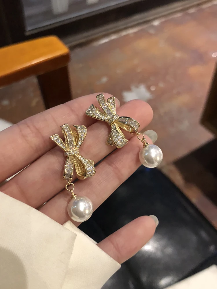

TIYO S925 needle Delicate Jewelry Bow Drop Earrings High Quality Simulated Pearl Zircon Earrings Sweet Design For Women Gifts
