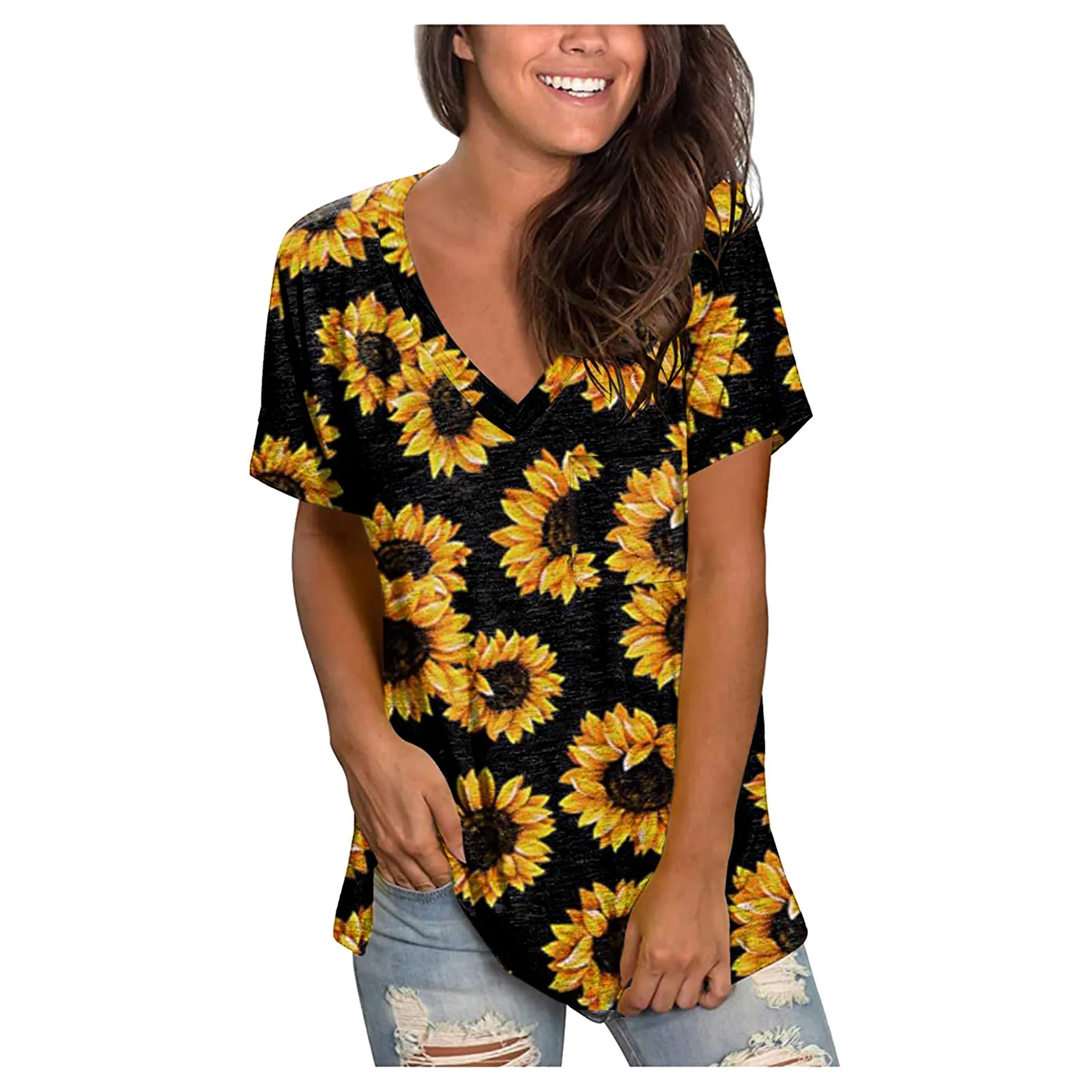 

Women Printed Tops Fashion V-neck Zipper Loose T Shirt Casual Plus Size Short Tee Shirts Blouse Clothing Sleeve Summer Ladies