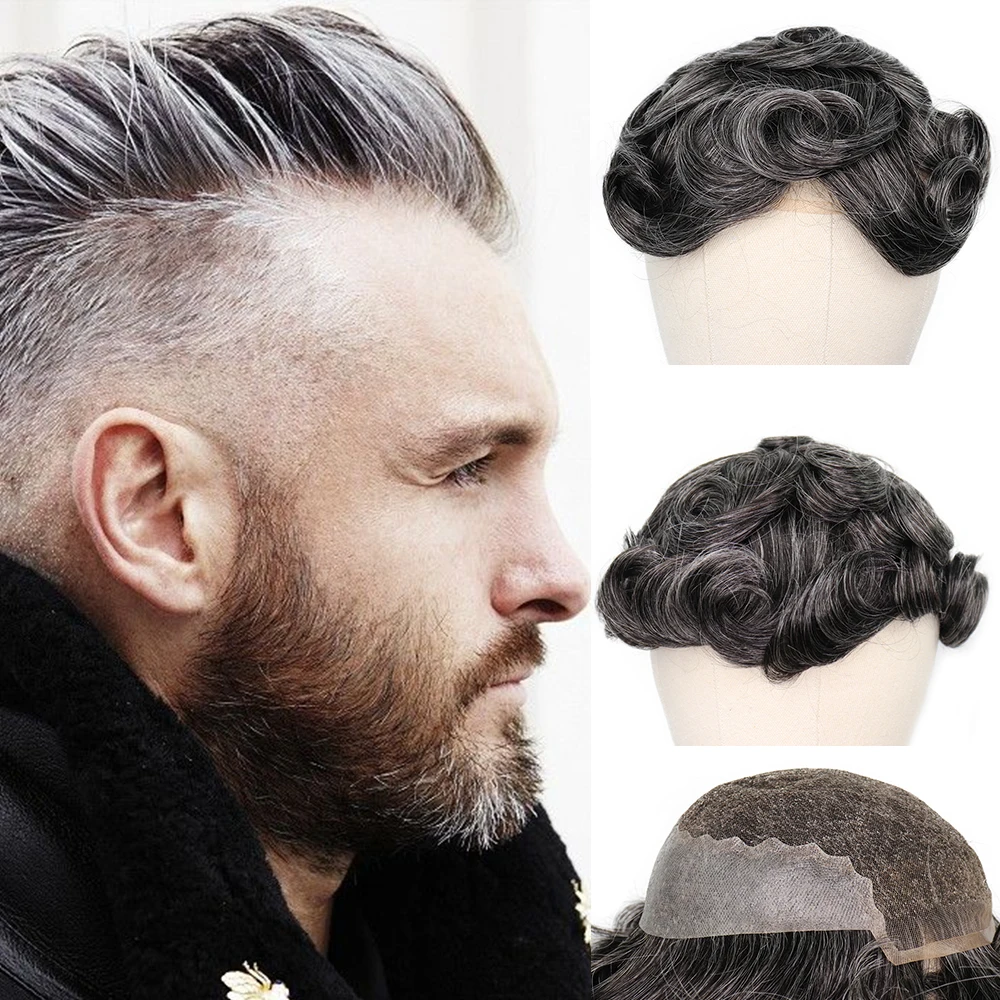 YY парики 1B 40% серые человеческие волосы мужские швейцарские кружева и тонкие Remy PU