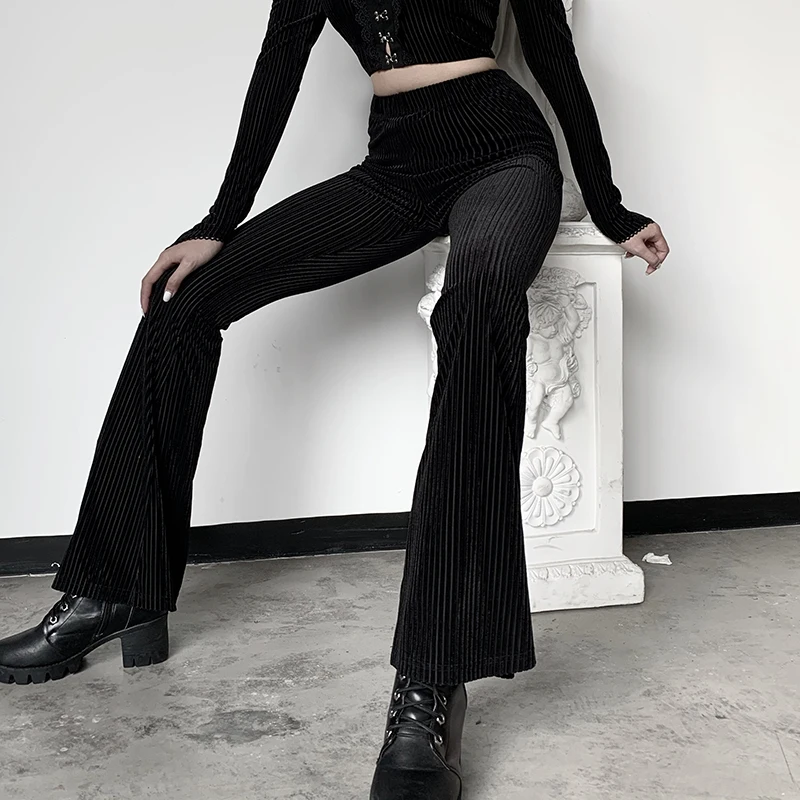 

Women Sexy Black Velvet Flare Pants High Waist Solid Slim Fit Fashion Casual Ribbed Knitted Wide Leg Trousers Sport Leggings