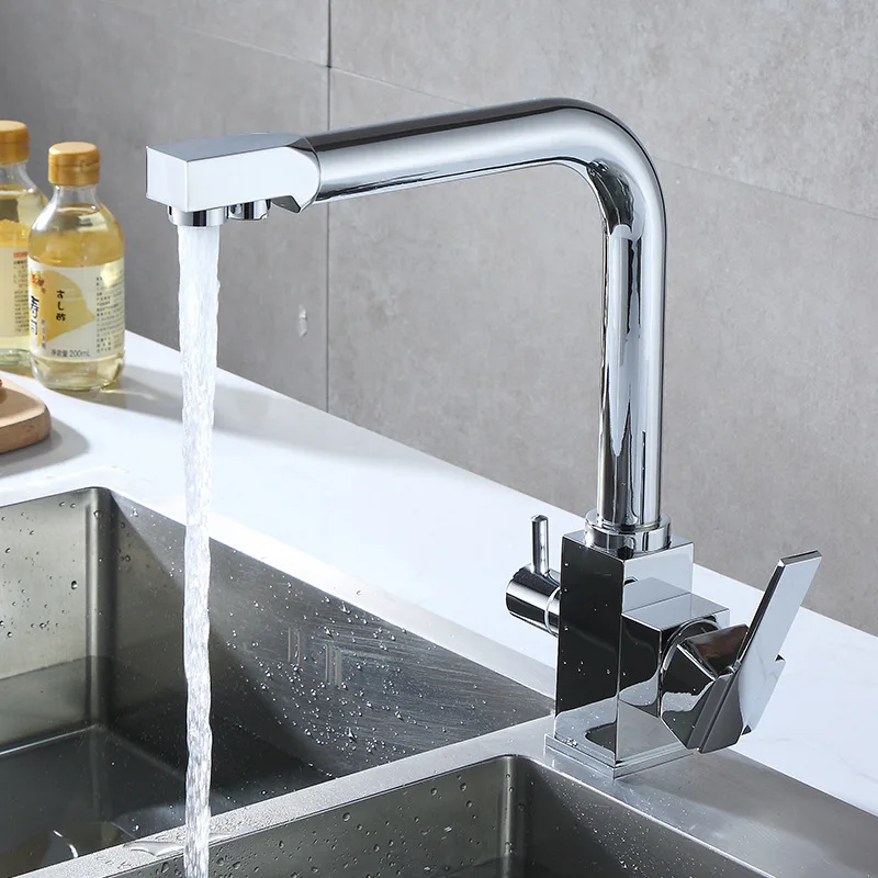 

Полностью медный тетрагональный смеситель для горячей и холодной воды 7 символов кухонный смеситель с двойным выходом смеситель для раковины Два в одном