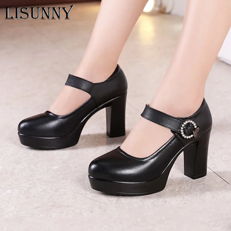 

LISUNNY Round Toe Block Heels Platform Shoes Women Pumps 2021 High Heels Wedding Shoes Ladies Office Work Shoe Leather Big Size