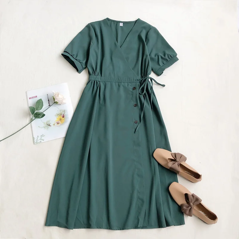 HISUMA v образным воротом круглой головиной и коротким пышным рукавом для женщин