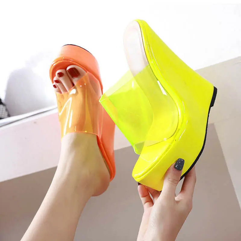 

Women's Platform Mule Super Wedge Heels Open Toe Shoes Clear Transparent Sandals