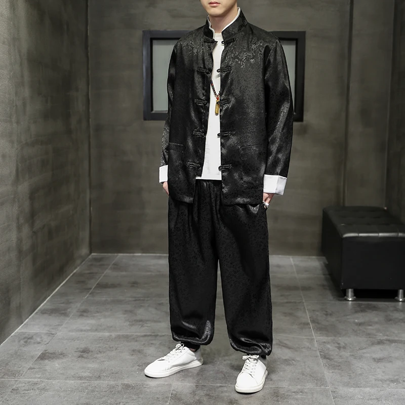 

M-5XL Casual Loose Streetwear Jacket Pants Suit Two Pieces Sets Chinese Style Print Men Shirt Set Plus Size Men Clothing XXXXXL