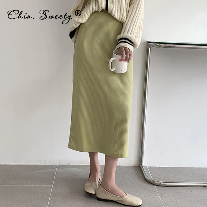 

Эластичная Женская юбка миди, трикотажная прямая однотонная Милая женская юбка с разрезом, весна-лето 2021, корейские модные юбки с завышенно...