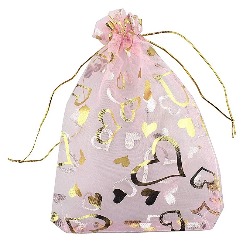 

Hot XD-100 PCS 9X12cm Heart Printed Pink Organza Bags Jewelry Pouch Bags Organza Drawstring Pouches Wedding Favors Candy Gift Ba