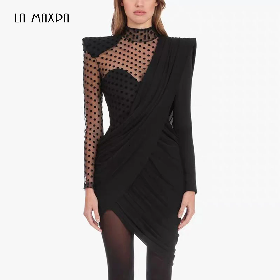 2021 летнее новое ретро асимметричное Сетчатое платье в горошек женское Пышное