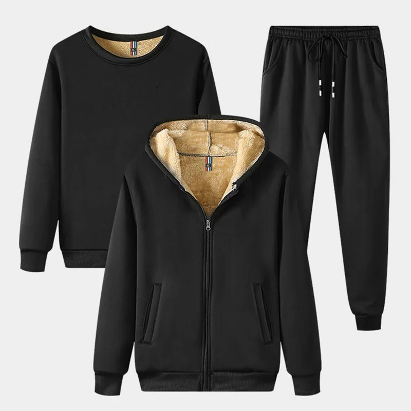 

2021 Winter Thick Warm Fleece Men's Tracksuit Sets 3 Piece Hooded Jacket+Sweatshirt+Pants Casual Male Set Sportswear Sweat Suits