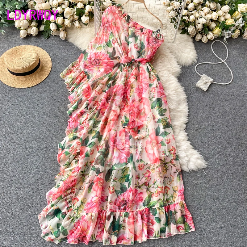 

LDYRWQY 2021 summer new European and American print fashion inclined collar one shoulder sexy flounce temperament dress
