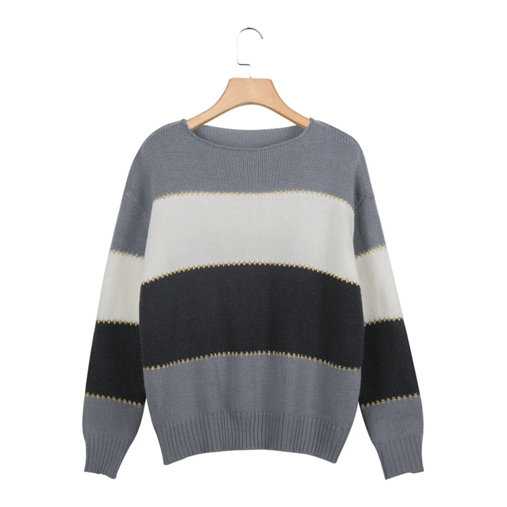 

2020 new Women Autumn Long Sleeve O Neck Pullover Color Block Loose Knitted Sweater Top