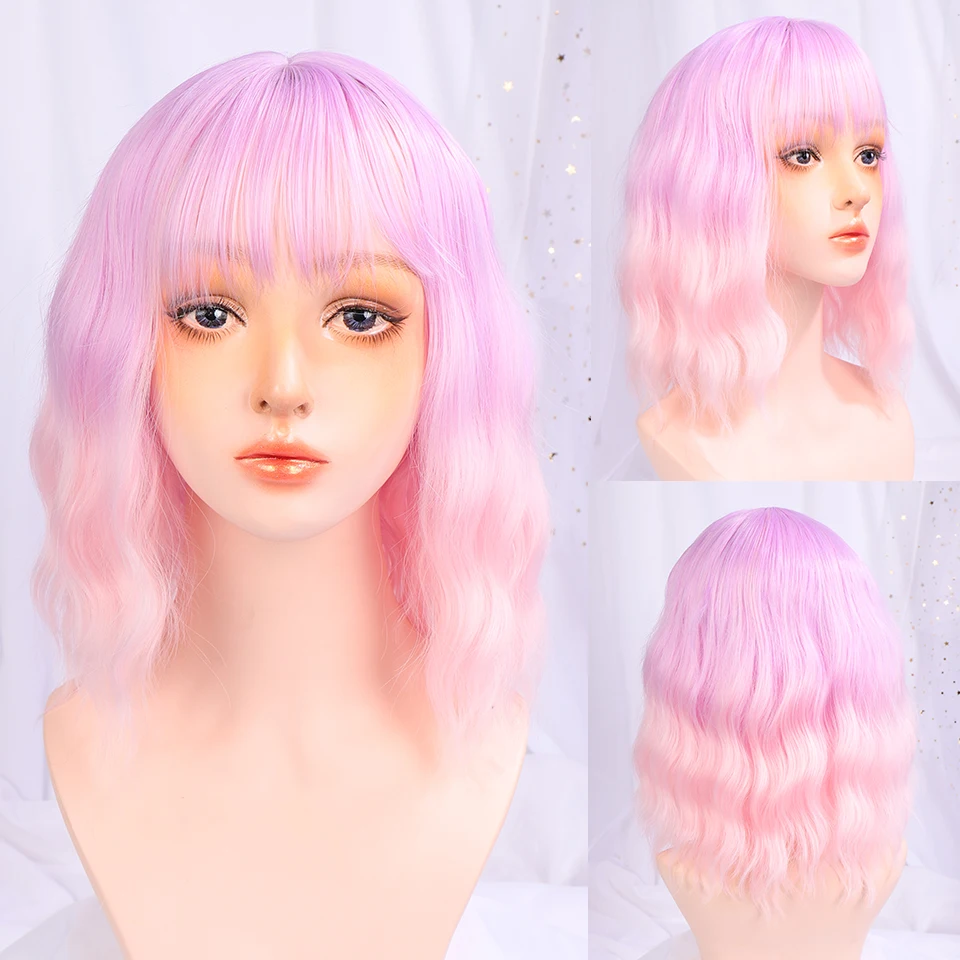 Sintéticas para as Mulheres Onda de Água Peruca com Franja Lupu Perucas Curto Natural Preto Loiro Rosa Lolita Cosplay Festa Cabelo Peruca Bob 6 onda de água bob peruca com franja