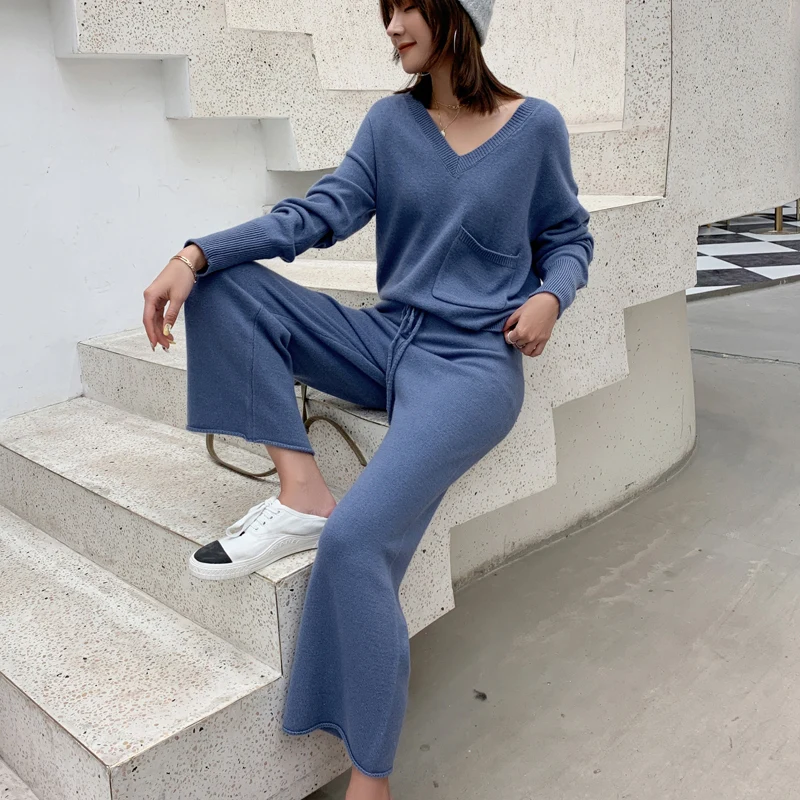 Женский кашемировый свитер с v образным вырезом Свободные повседневные