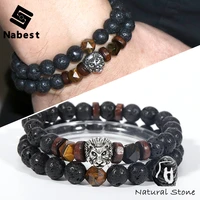 men natural stone bracelet faces tiger eye lava rock obsidian hematite lion charm 2 layers fashion wrist chain jewelry