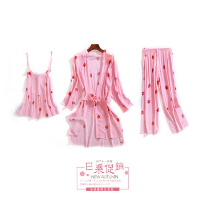 pink Daeyard/пижамные комплекты для сна из 3 предметов; хлопковые Пижамные комплекты для женщин; белая пижама с принтом клубники; милая Пижама; Весенний домашний костюм - Цвет: pink