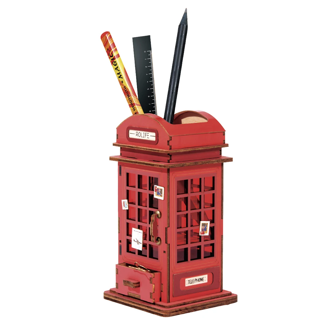 ROBOTIME 3D DIY Phone Booth Shape Brush Pen Holder Puzzle Game Steam Toy Gift For Children Adult TG13