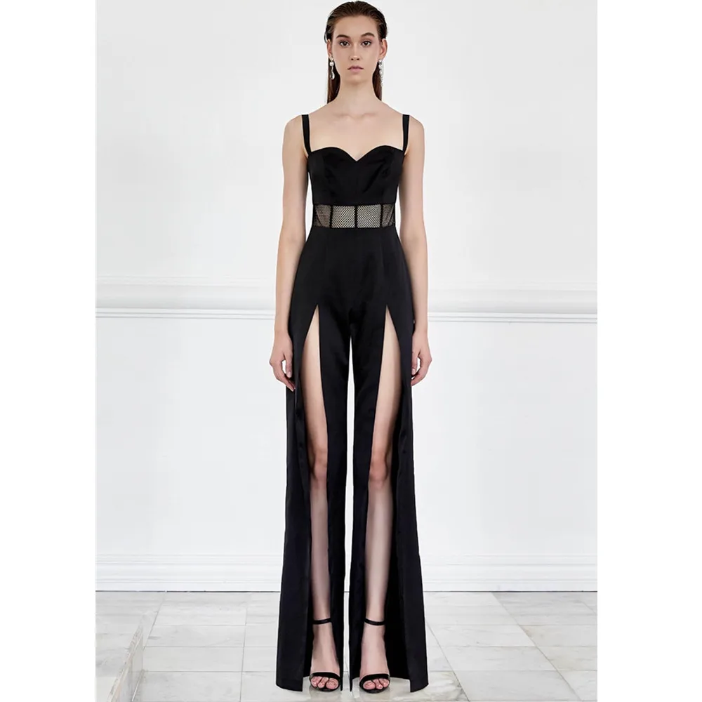 Fashion Women Black Bandage Jumpsuit Sexy High Waist Split Rompers High Street Evening Party Cocktail Celebrity Wedding Guest