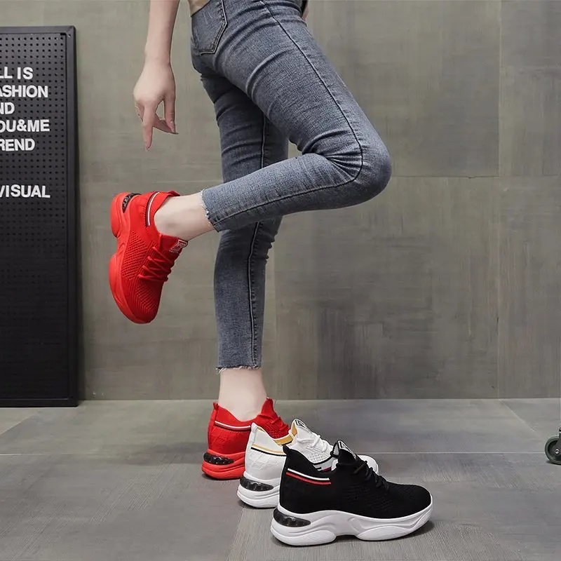 

Women Flats Breathable Casual Mesh red Increase Shoes Light Sports Shoes Womens Korean Style Platform Sneakers Vulcanized Shoes