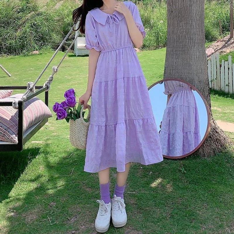 

QWEEK Pueple Puff Sleeve Dress Women's Summer Sundresses Mori Girl Kawaii Cute Peter Pan Collar Dress 2021 Elegant Ruched Kpop
