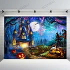 Фон для фотосъемки Хэллоуин замок Тыква фонарь фейерверк лунный свет кладбище Череп Призрак фото фон