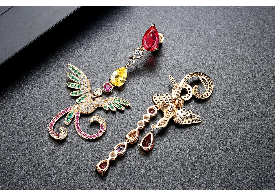 CZ розовое золото Асимметричные животные Феникс длинные висячие Висячие серьги