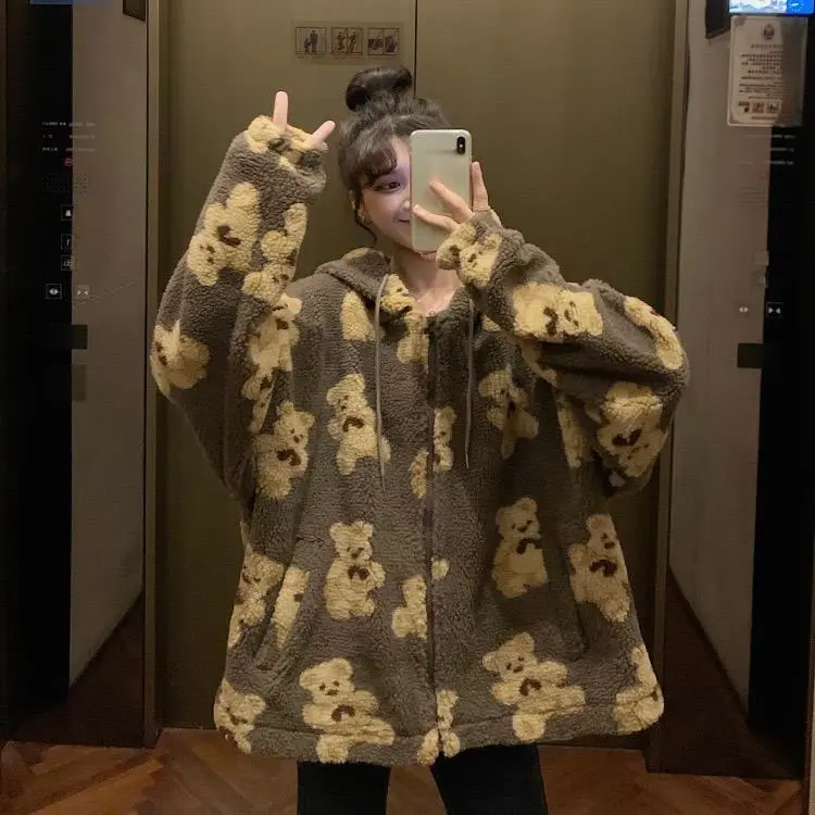 

Cartoon Wool Bear Lamb Women's Hooded Jacket Casual Oversized Tops Winter Clothes Woman Jackets Cute Korean Coats