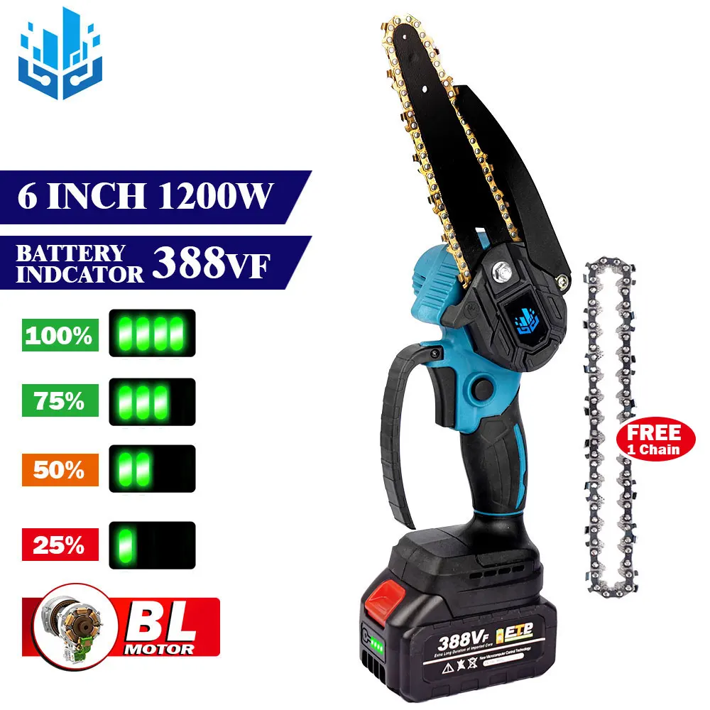 New Brushless Chain Saw With Battery Indicator Cordless Mini Handheld Pruning Saw Portable Woodworking Electric Saw Cutting Tool