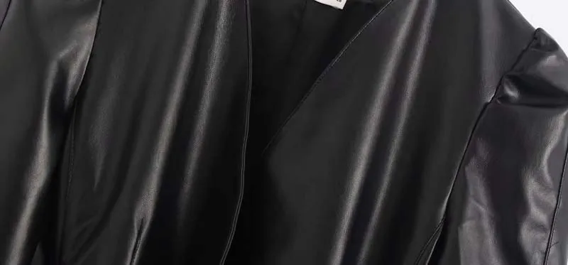 Elegant Women Blazer dress With belt Spring V-neck Office lady Black Female Faux Leather jacket Coat Fashion YNZZU 9O151
