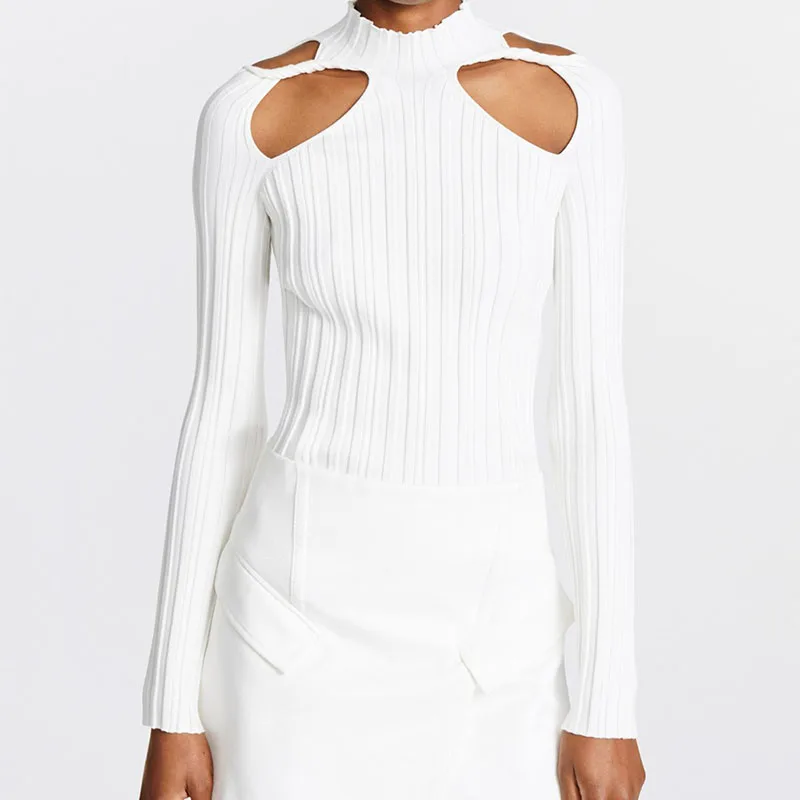 Женский трикотажный пуловер с вырезами подиумный дизайнерский облегающий