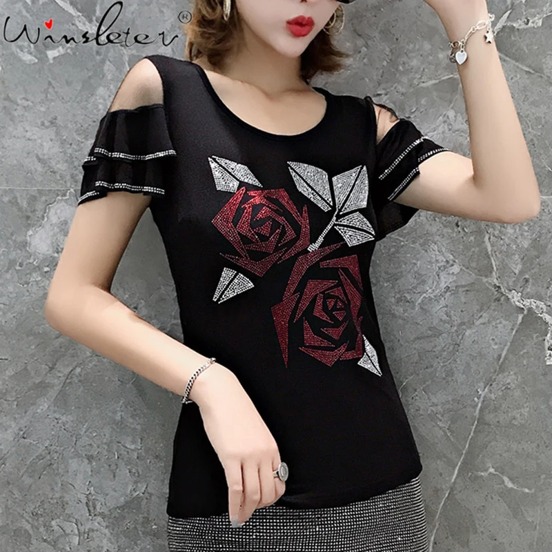 

Summer European Style T-Shirt Fashion Diamonds Women Cotton Tops Short Sleeve Sexy Back Patchwork Mesh Tees New 2021 T14408A